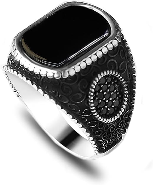 KsrModa 925 Sterling Silver Genuine Black Onyx Stone Mens Silver Ring with Micro Zircon Stones Silver Signet Ring for Men Handmade Engraved Silver Men Rings Sterling Silver Pinky Ring Gift for Men Gift for Dad (13) by KsrModa - Used condition - US$28.16