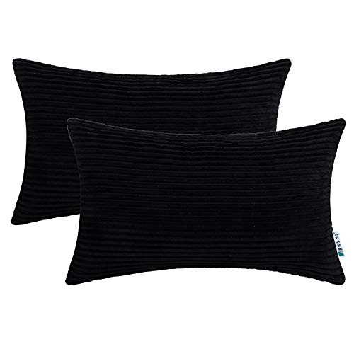 Hwy 50 Black Rectangle Throw Pillow Covers 12X20 Inch For Couch, Corduroy Soft Cozy Solid Decorative Throw Cushion Cover Set Pack Of 2 Striped #TOP28