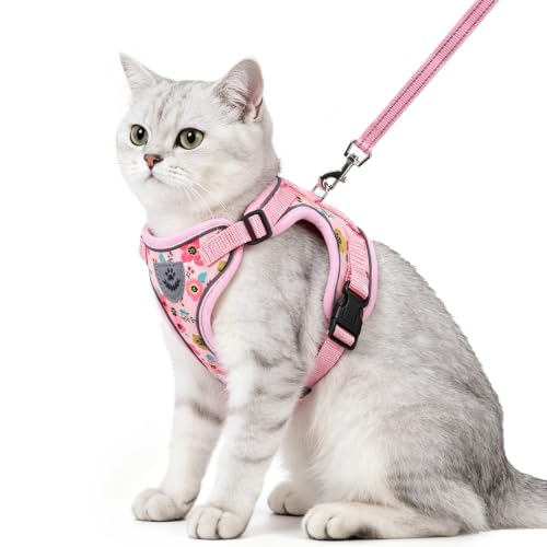 PUPTECK Cat Harness and Leash Set Escape Proof Reflective Cat Walking Harness Adjustable Soft Breathable Mesh Vest for Small Pets, Pink Flowers, S