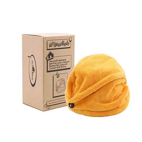 myHomeBody Hair Towel Wrap | Luxury Anti-Frizz Rapid-Dry Hair-Drying Turban | Ultra Soft and Quick Drying Absorbent Charcoal Fiber, with Coconut Shell Button – Mango