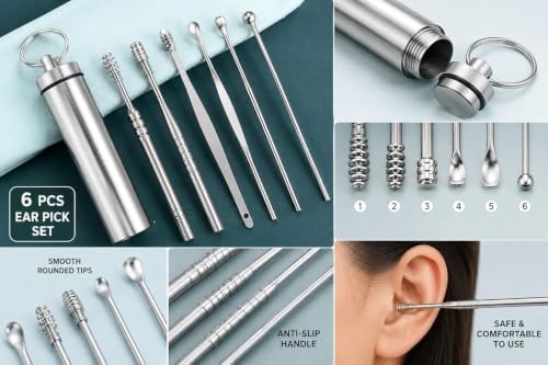 Image of Stainless Steel Ear Wax Removal Kit with Storage Case, (6 Pc SET)