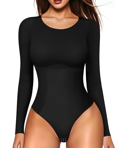 LODAY Long Sleeve Bodysuit Tummy Control Body Suits for Womens Slimming Crew Neck Bodysuits