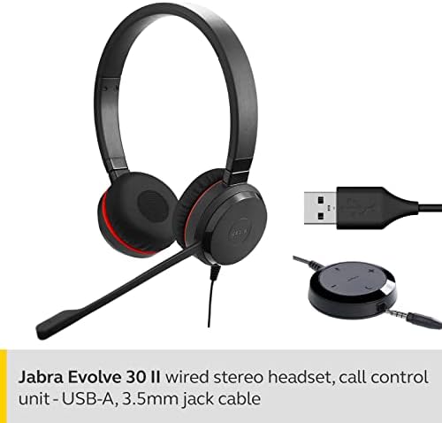 Jabra Evolve 30 MS Stereo Headset  Microsoft Certified Headphones for VoIP Softphone with Passive Noise Cancellation  USB-Cable with Controller  Black