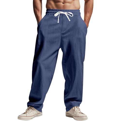 Mens Linen Pants Straight-Legs Beach Pants Elastic Waist Summer Drawstring Lightweight Casual Trousers with Pockets