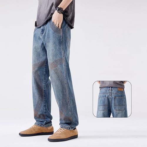 Men’s Baggy Jeans Wide Leg Elastic Cuff Denim Pants with Geometric Cross Stitch Detail Vintage Washed Finish2