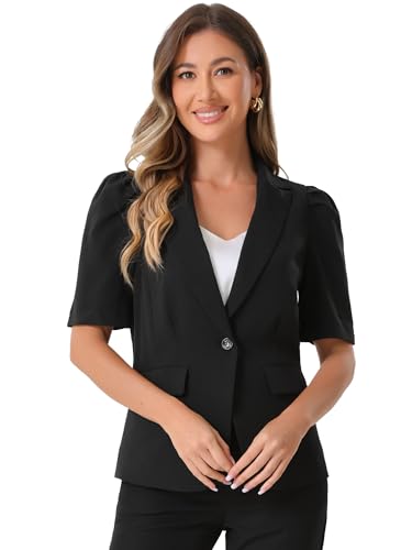 Allegra K Puff Short Sleeve Blazer for Women's Casual Work Lapel Collar Button Blazers Jackets