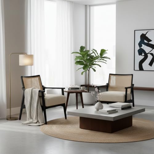 Image of APRODZ Mango Wood Arm Chair for Living Room with Cane Back & Wooden Armrest | Solid Wood Chair for Home Use Bedroom Dining Drawing Room and Balcony | Solid Wood Accent Chair, Black Finish