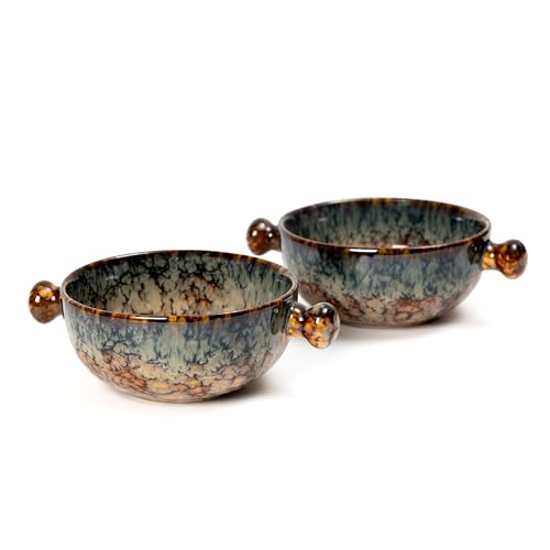 Image of Beyond Homes Ceramic Snack Bowl with Handle, 18 cm | Microwave and Dishwasher Safe Ceramic Serving Bowl for Pasta, Soup, Snacks | Matte Finish, Set of 2 (Abstract Brown, 500 ml)