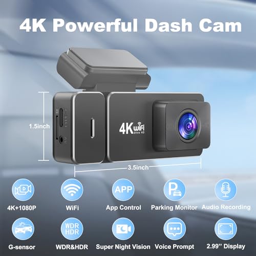 Dash Cam Front and Rear 4k+1080P, CHORTAU WiFi Dual Dash Cam with APP, 2.99’’ IPS Dash Camera for Cars with Free 64GB Card, Dashboard Camera with Night Vision, 24/7 Parking Monitor, WDR - Image 2