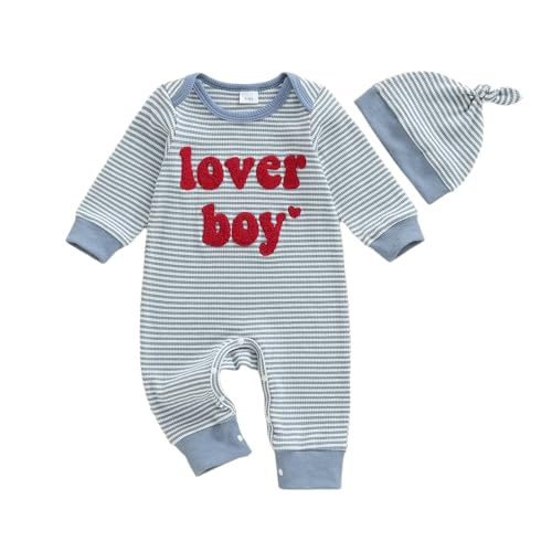 Image of KtwHarnu Newborn Baby Boy Valentines Outfit Letter Embroidery Waffle Knit Romper Jumpsuit Long Sleeve Knit Bodysuit Hat
