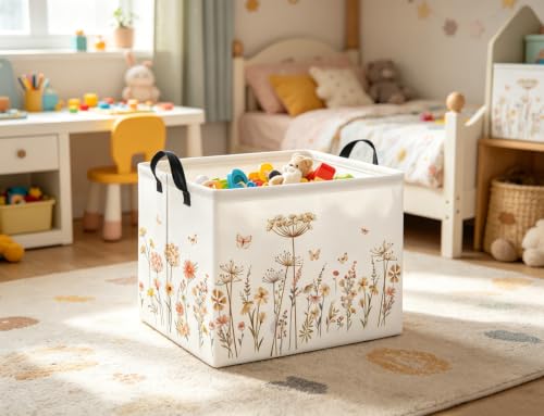 Image of Rectangular Baby Kids Storage Basket for Home Kitchen Girls Cute Toy Storage Bin Organizer Shelf Book Room Decor(Line Flower)