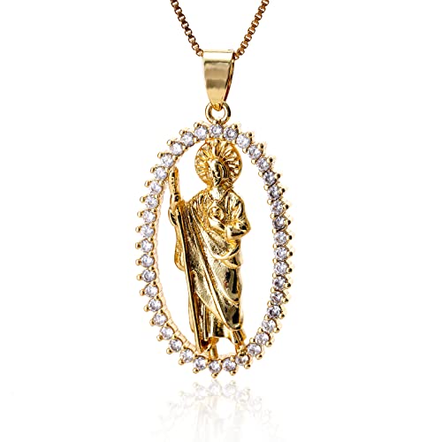 PHICHY Collier avec pendentif Saint Jude - Plaqué or 18 carats - Pendentif religieux ovale entouré de diamants - Bijoux chrétiens pour homme et femme - Chaîne de 43,2 à 50,8 cm, Cuivre, Pas de gemme