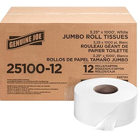 Genuine Joe 2510012 Jumbo Bath Tissue Roll, 2-Ply, 1000-Ft , 12/CT, White Cover