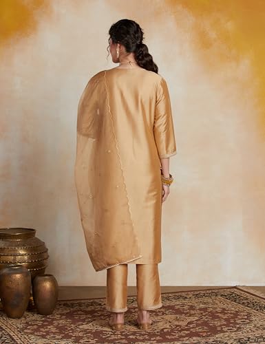 Image of Amazon Brand - Myx Women's Embroidered Kurta Set with Organza Dupatta (Available in Plus Sizes)