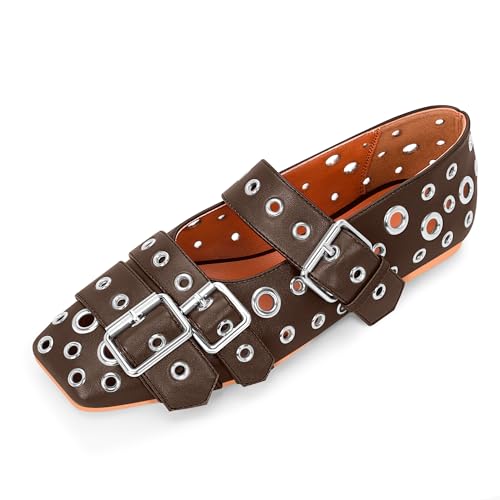 Women's Buckle Strap Ballet Flats Metal Grommet Studded Mary Jane Shoes
