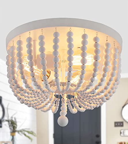 Q&S White Boho Beaded Chandeliers Flush Mount Ceiling Light,3-Lights Small Chandelier Light Fixture for Bedroom,Kitchen,Dining Room,Living Room,Stairway Gazebo - Image 9