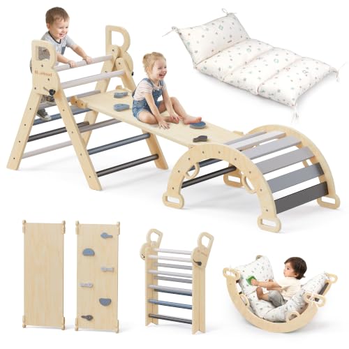 Image of BlueWood Pikler Triangle Set with Cushion, 8-in-1 Climbing Toys for Toddlers, Montessori Philosophy Play Jungle Gym with Arch, Ramp, Ladder(Elegant Gray)