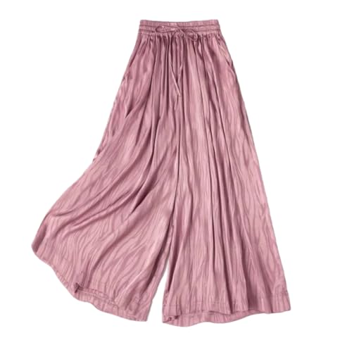 Womens Silk Elastic Waist Solid Color Wide Leg Pants Comfy Casual Flowy Pant with Pockets