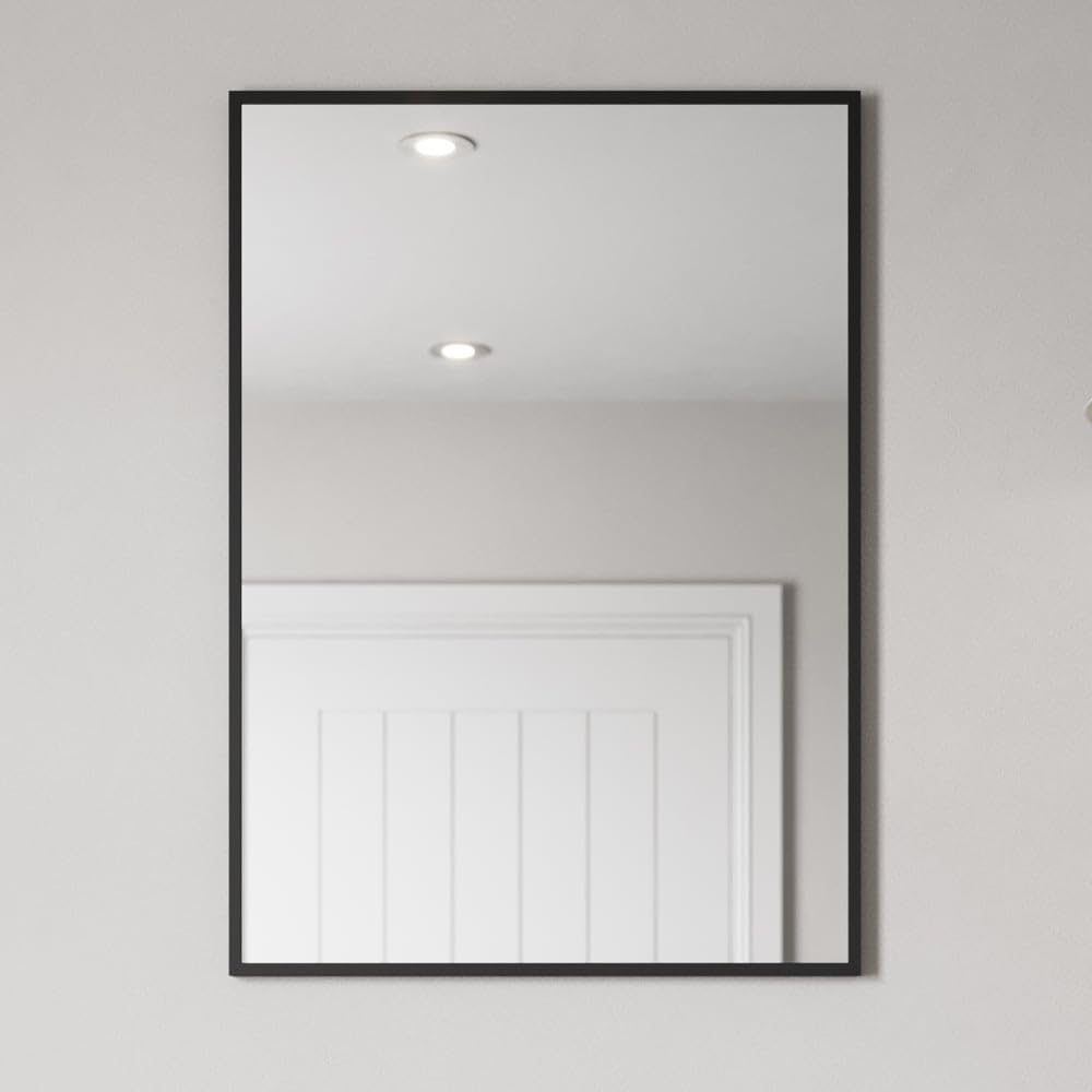 BAYSTONE® 700 x 500mm Black Wall Mounted Mirror Vanity Mirrors Framed Rectangular Modern 4mm Mirrored Glass for Bathroom