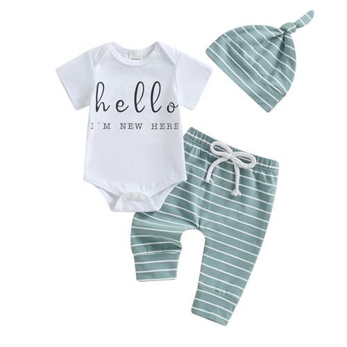 Ursobutegl Newborn Baby Boy Girl Clothes Im New Here Romper Bodysuit Striped Pants Set with Hat Coming Home Hospital Outfits (Blue, Newborn)