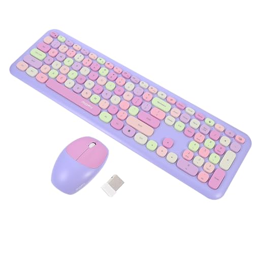TOKIDNY Teclado y Ratón Inalámbricos Morado Multicolor para Oficina y Escuela Conjunto Compacto sin Batería Compatible PC Portátil y Tablet Teclado Ergonómico Teclas Cómodas