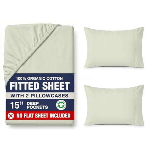 Image of LANE LINEN 100% Organic Cotton Fitted Bed Sheets Queen Size (+Pillowcases) Soft & Comfy Percale Weave Fully Elasticized Low Pilling Fade Resistant Deep Pocket Fits Mattress Upto 15 inch - Mineral