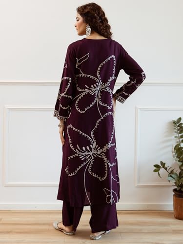 Image of INDO ERA Women Viscose Rayon Floral Embroidered Straight Kurta & Pant Set (IEOUT6941)