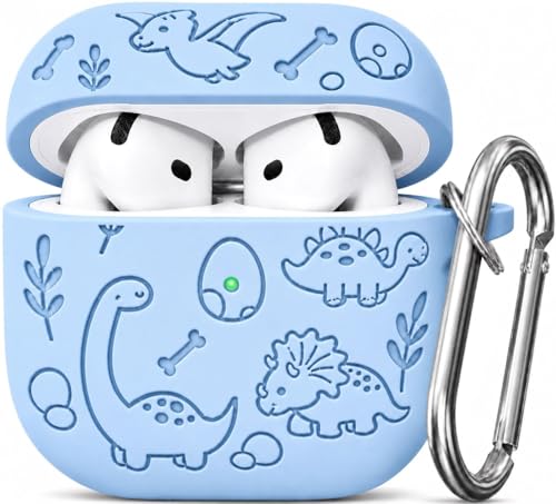 Image of Emoh Roced Case for Airpod 4 with Keychain,Silicone Dinosaur Engraved Cases Compatible with Apple AirPods 4th Generation 2024, Anti-Scratch, Protective Case Cover (Sky Blue, for AirPods 4)