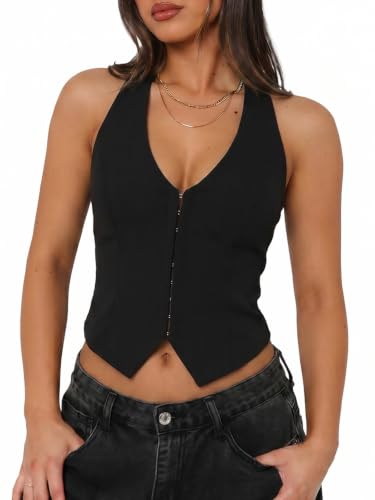 UNCOOYEE Women's Sexy Halter V Neck Tank Top Summer 2025 Trendy Vest Sleeveless Going Out Tops for Club Date Night Outfits Black Large