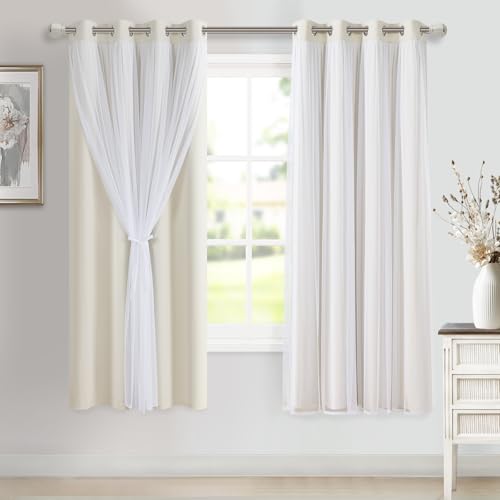 Image of DWCN Ivory Blackout Curtains with Sheer Overlay with Tiebacks 63 Inch Long