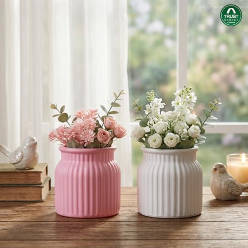 Image of TrustBasket Sereno Plastic Decorative Flower Vase Set White & Pink, Modern Table Top Home Decor Accent for Living Room Bedroom Office, Compact Durable Minimalist Vase for Flowers, Set of 2