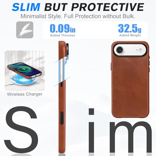 Image of SHIELDON Genuine Leather Case for iPhone Air 6.5 inch 2025, Retro Brown | Compatible with MagSafe, Magnetic Wireless Charging, Camera Button, Metal Buttons, Camera Bezel, Slim, Shockproof, Women Men