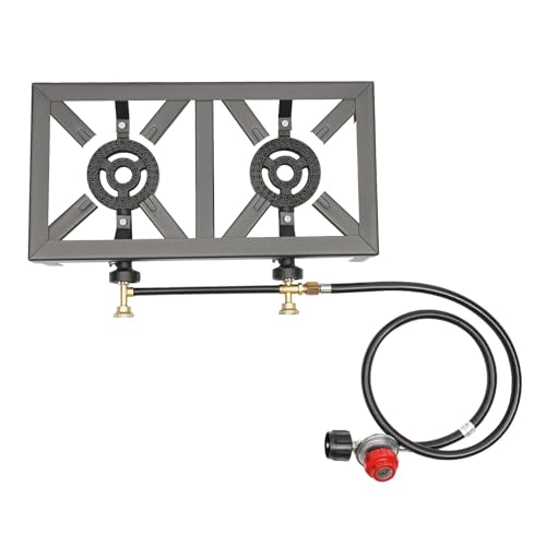 Portable Camping Double Burner Outdoor Gas Stove Propane Cooker with Adjustable Regulator Hose for Patio Camping, BBQ,8000W 0-10PSI 48 * 25 * 11.5cm