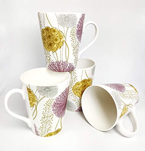 Image of Dandy Lines Conical Mug with Multicoloured Flowers, Ceramic, Pack of 4, Microwave & Dishwasher Safe, Great for Home Use & Gifting