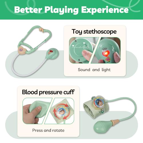 Image of Liberry Doctor Kit Toys for Toddlers Ages 3 4 5 with Light & Sound, Green | Smooth Edges, Durable Plastic, Portable Medical Bag, Pretend Stethoscope, Educational Role Play, Birthday Gift for Boys Girls