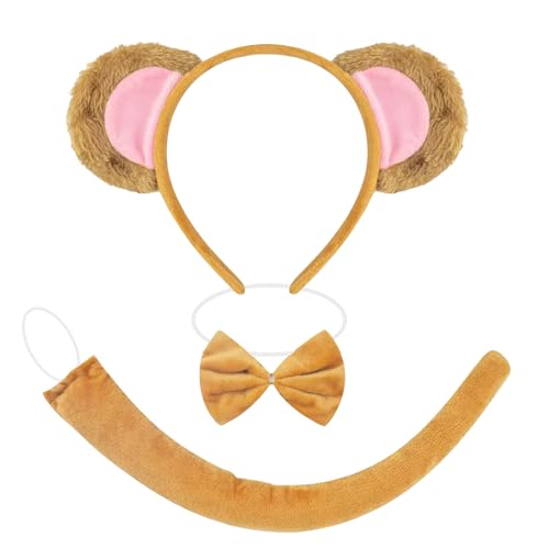 3-Piece Monkey Ears and Tail Costume Accessory Set – Includes Brown Plush Monkey Ears Headband, Bow Tie, and Tail for Halloween, Jungle-Themed Parties, Cosplay, School Plays, Animal Dress-Up Events