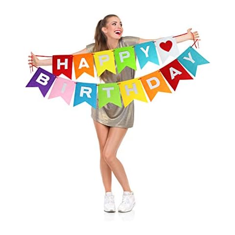 Rainbow Happy Birthday Party Banner Decorations for Kids Sparkling Colorful Felt Garland Tye Die Signs Outdoor Adult Fiesta or Candy Themed Celebration Cover