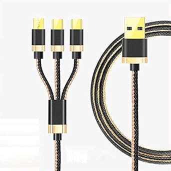 Nitrogen 3-In-1 Fast Charging Nylon Braided Durable Data Cable Compatible For All Smartphones & Mobile Accessories (Black, Gold, One Cable)