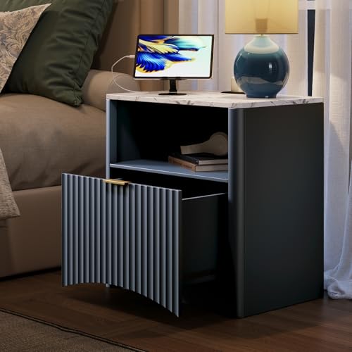 Image of Evermagin Fluted Nightstand Set of 2 with Charging Station, Navy Blue Bedside Table with Drawer and Storage, Wood End Table Mid Century Modern, Large Night Stand for Bedroom
