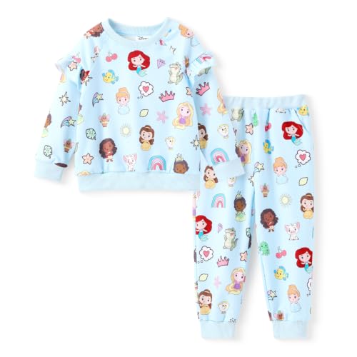 Image of Disney Outfits for Girls Long Sleeve Shirt Pocket Pant Toddler Sweatsuit | Officially Licensed丨Girls Clothes丨2-Piece Outfit丨Allover Print丨Ruffle Shoulder丨Jogger Pants丨Soft Feel丨Easy Care丨Mix & Match