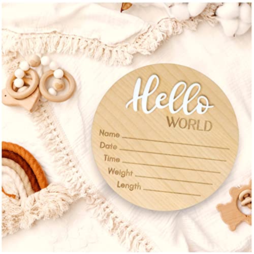 Image of Bleed Proof Engineered Wood, Hello World Newborn Sign, Baby Announcement Sign, Newborn Announcement Sign, Birth Announcement Sign - 5.5" (Birch/White/Round)
