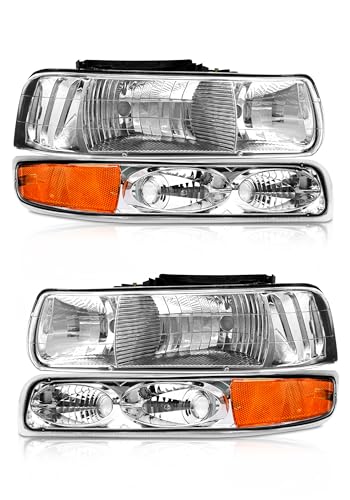 AXLAHA Headlights Assembly for 1999-2002 Chevy Silverado 1500 2500/2001-2002 Silverado 3500 1500HD 2500HD/ 2000-2006 Tahoe Suburban Bumper Headlamps Chrome Housing Driver & Passenger Side(W/O Bulbs)