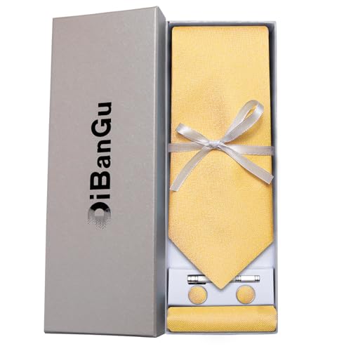 Image of DiBanGu Mens Silk Necktie Solid Color Tie and Pocket Square Cufflink Tie Clip Set Woven Plain Ties for Men Wedding Party