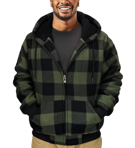 Plaid Flannel Hoodie for Men Sherpa Lined Jacket Fleece Full Zip Up Coat Winter Warm Thermal Sweatshirts Long Sleeve
