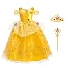 BSBUY Déguisement de Princesse Belle, Robe de Princesse Belle Fille avec Couronne et Baguette Magique, Costume de la Belle et la Bête Enfant, Princesse Costume pour Anniversaire Fête Partie Carnaval