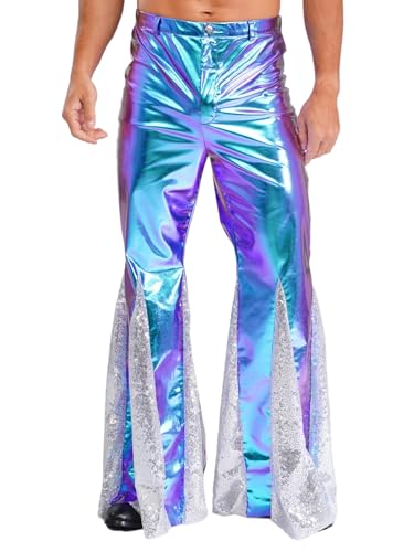 Xroufi Mens Shiny Metallic 70s Disco Pants Vintage Hippie Costume Sequins Bell Bottoms Flared Pants Blue Small