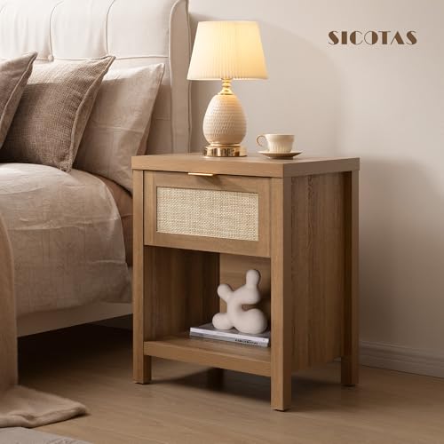 Image of SICOTAS Night Stand Set 2 Rattan Nightstands with Drawer 19.7 inch Wide