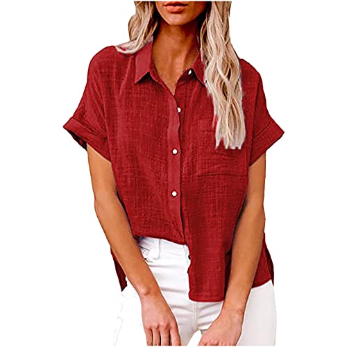 Bluse Damen Elegant Leinenhemd T-Shirt Kurzarm Leinenbluse Hemd Revers...