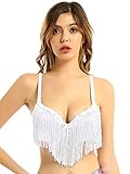 zdhoor Womens Sequin Tassel Rhinestones Bustier Brassiere Crop Top Latin Belly Dance Costume Bralett White One Size