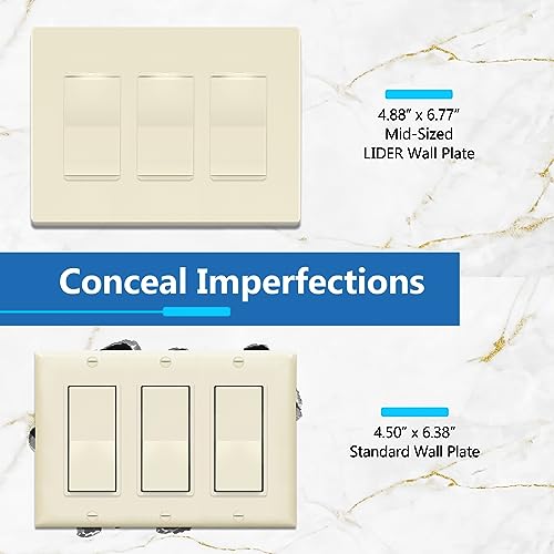Image of LIDER Decorator Switch Cover, Screwless Wall Plate, Mid-Size 3-Gang 4.88 inch x 6.77 inch, LSWP-33M-LA, UL Listed, Thermoplastic, Matte Light Almond, 1-Pack